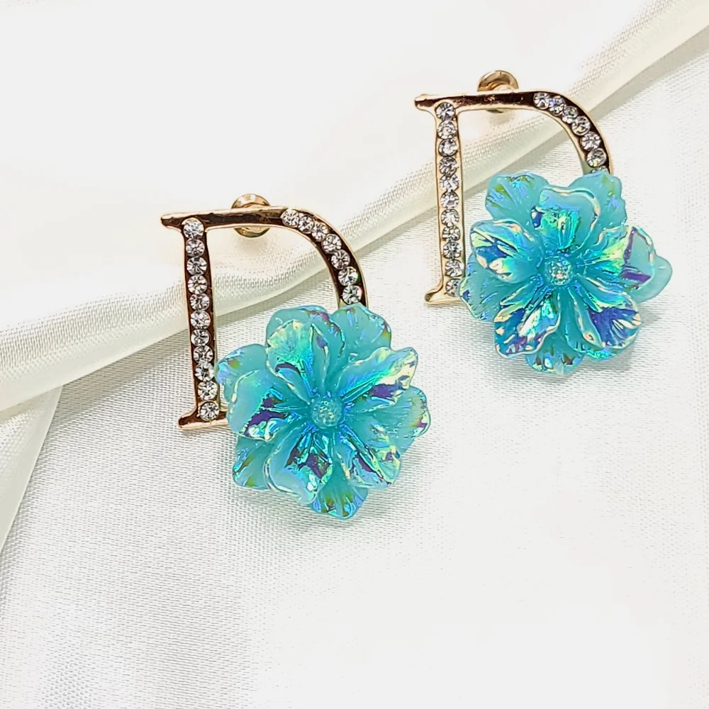 Iridescent Icy Blue Initial D Stud Earrings Aqua flower Earrings Diamond Studded